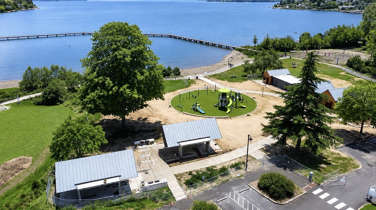 Aerial view of park near a waterfront.