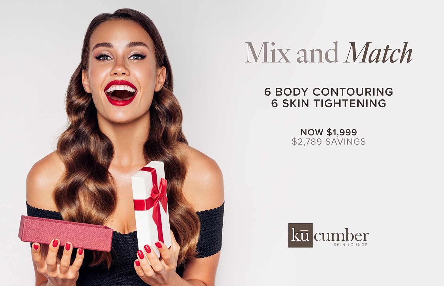 Woman with gifts promoting beauty treatment offer.