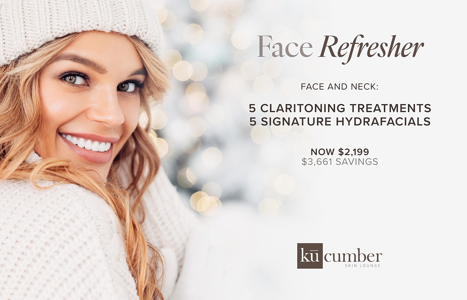 Smiling woman promoting facial treatments and specials.