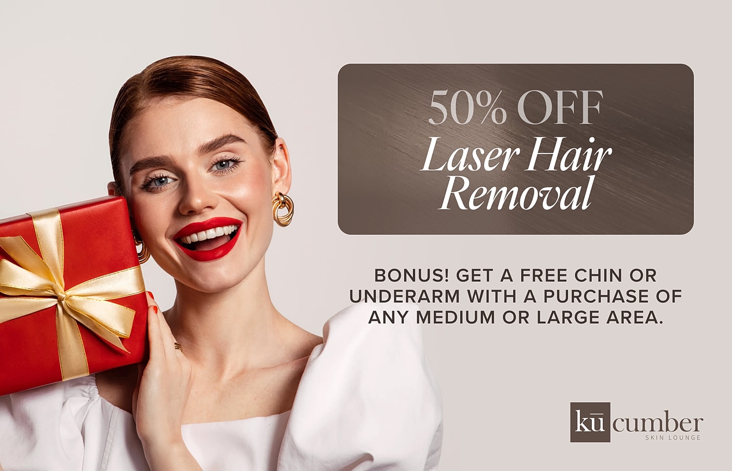 Woman promoting laser hair removal discount offer.