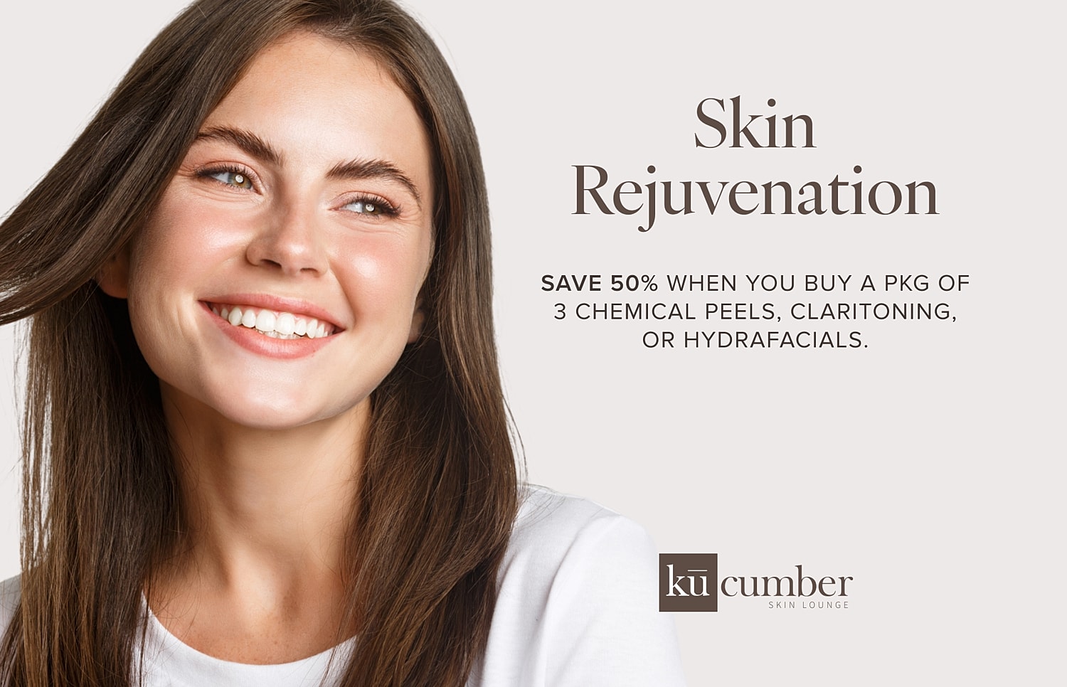 Smiling woman promoting skin rejuvenation services.