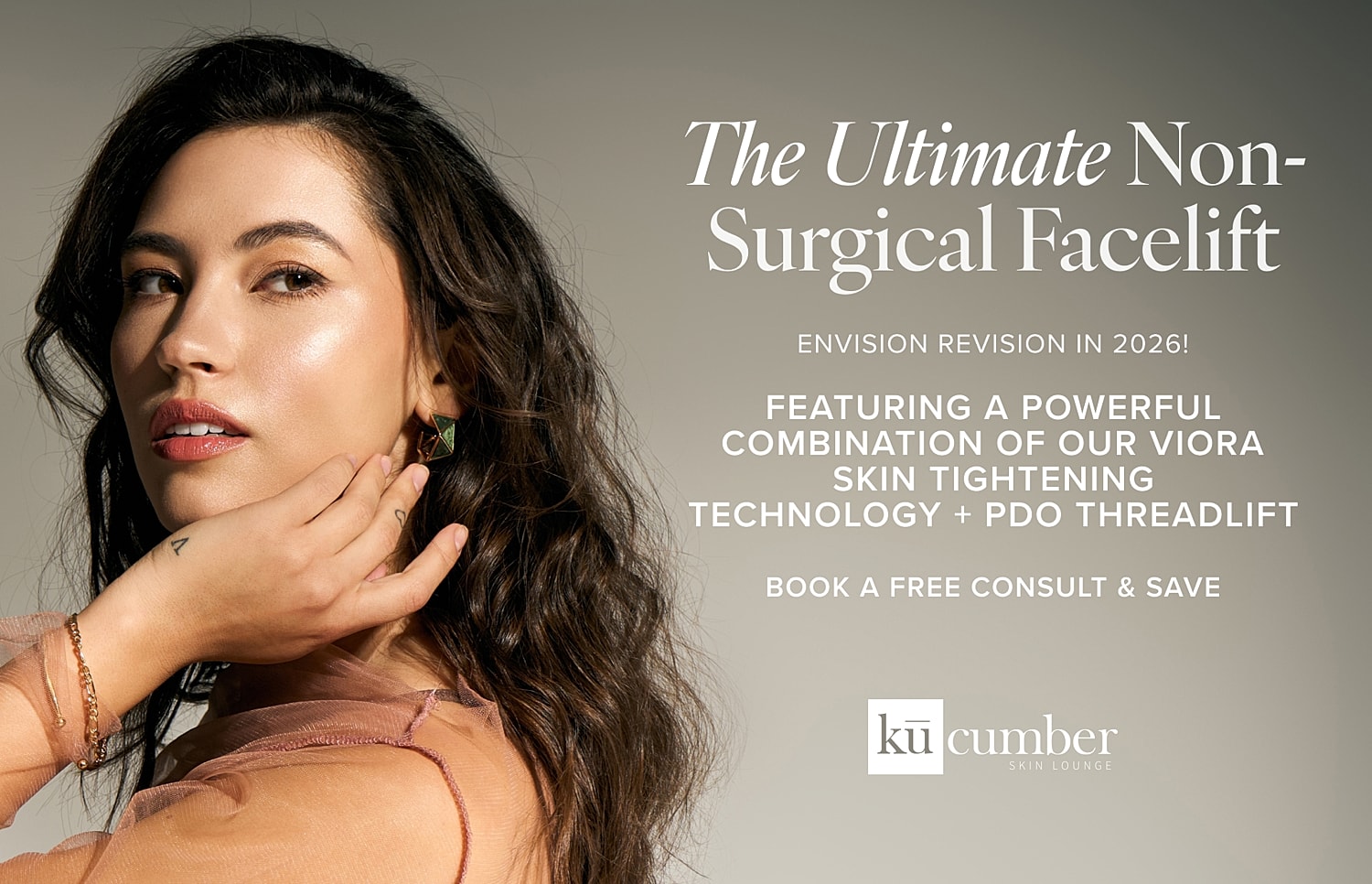 Non-surgical facelift promotional image with model.