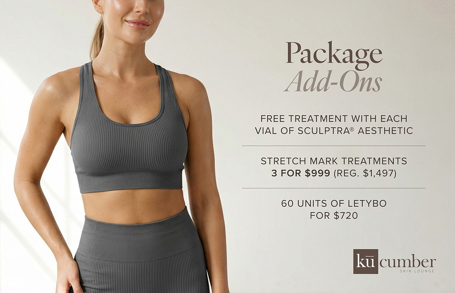 Skin treatment offer with model in athletic wear.